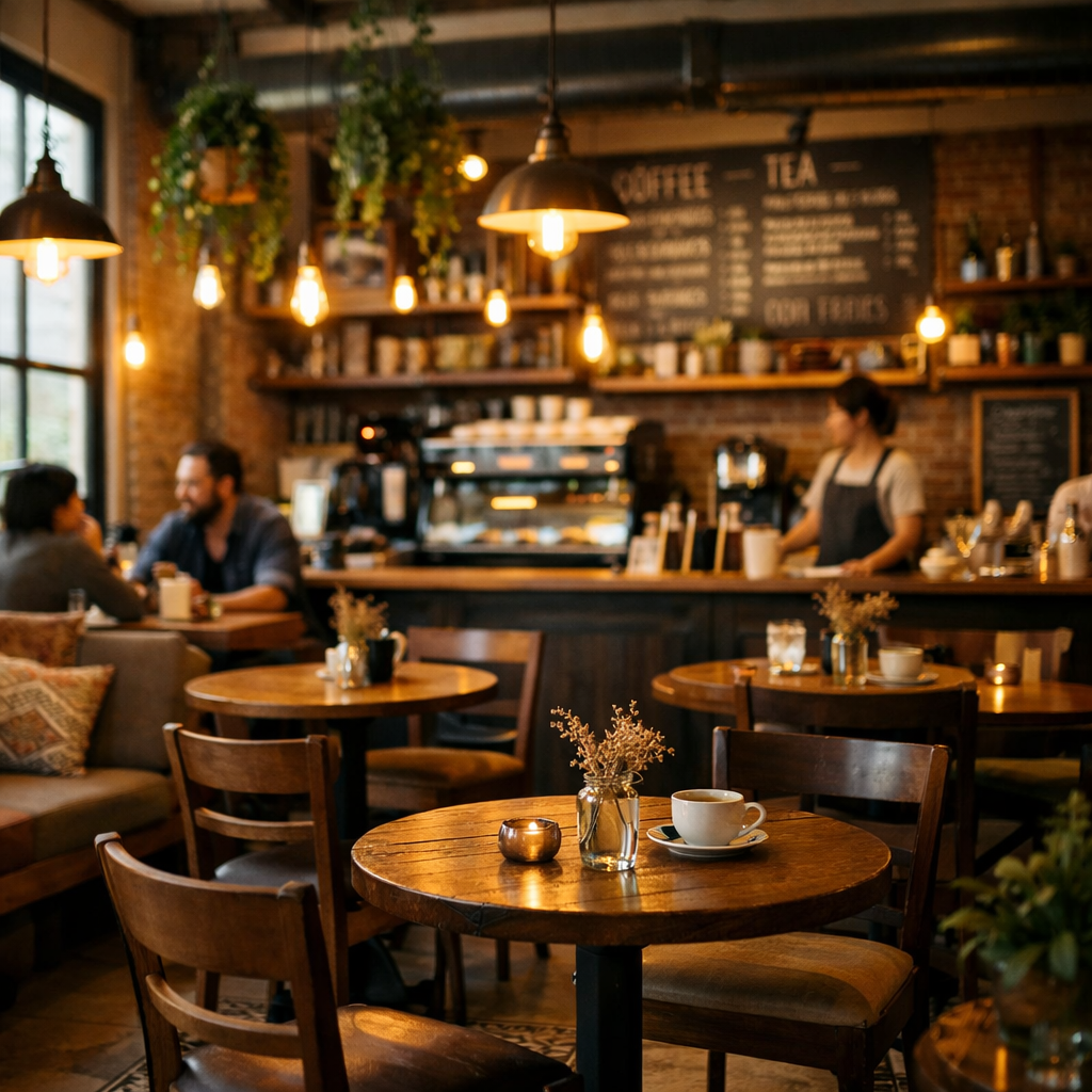 Cafe with Warm Lighting and Cozy Atmosphere